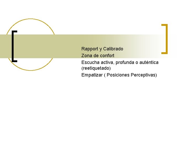 Rapport y Calibrado Zona de confort Escucha activa, profunda o auténtica (reetiquetado) Empatizar (