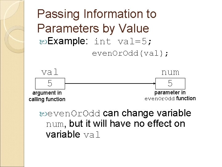 Passing Information to Parameters by Value Example: int val=5; even. Or. Odd(val); val 5