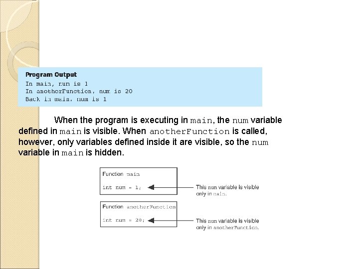 When the program is executing in main, the num variable defined in main is