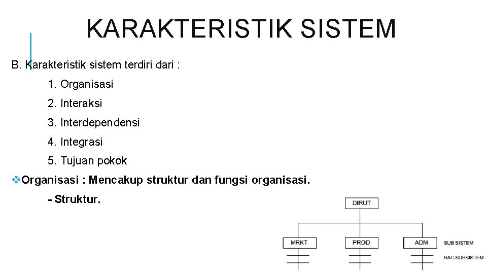 KARAKTERISTIK SISTEM B. Karakteristik sistem terdiri dari : 1. Organisasi 2. Interaksi 3. Interdependensi