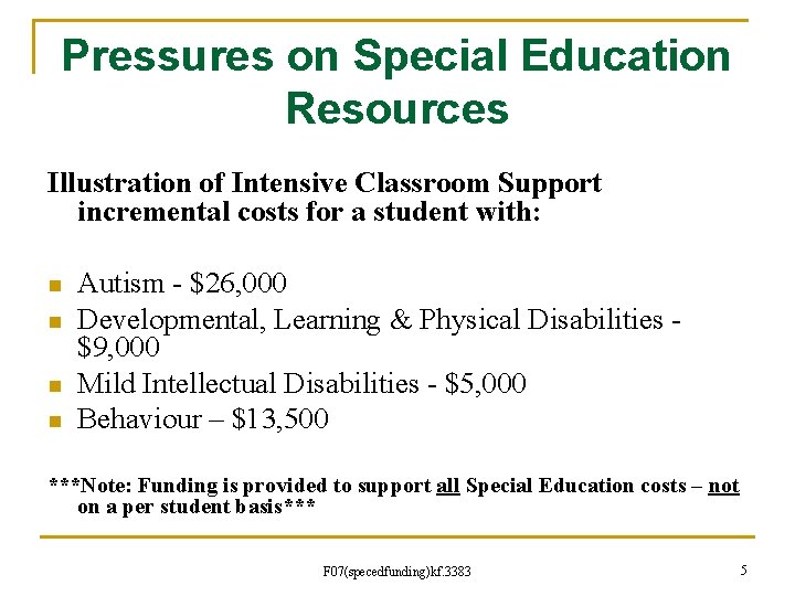 Pressures on Special Education Resources Illustration of Intensive Classroom Support incremental costs for a