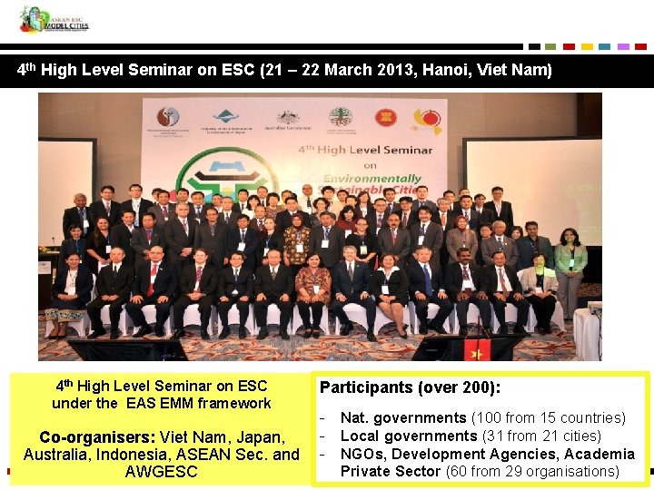 4 th High Level Seminar on ESC (21 – 22 March 2013, Hanoi, Viet