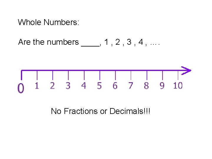 Whole Numbers: Are the numbers ____, 1 , 2 , 3 , 4 ,