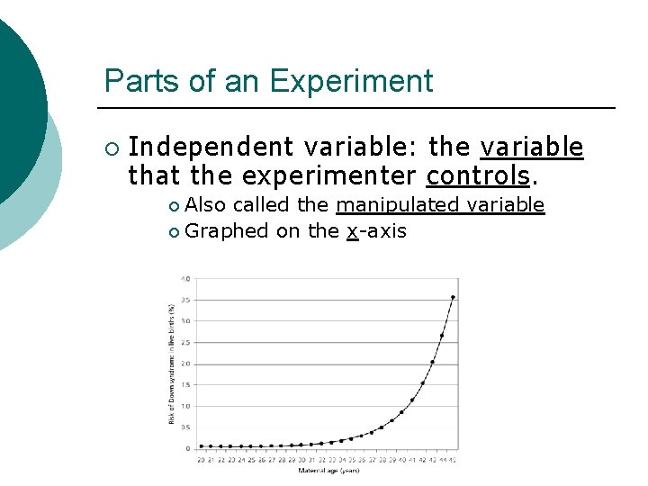 Parts of an Experiment ¡ Independent variable: the variable that the experimenter controls. Also