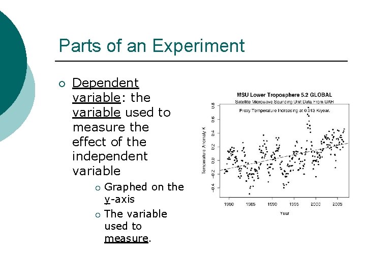 Parts of an Experiment ¡ Dependent variable: the variable used to measure the effect