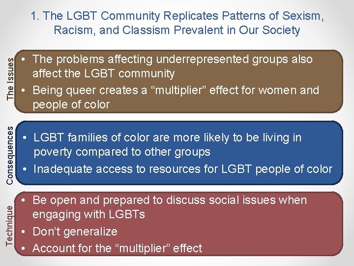 The Issues • The problems affecting underrepresented groups also affect the LGBT community •