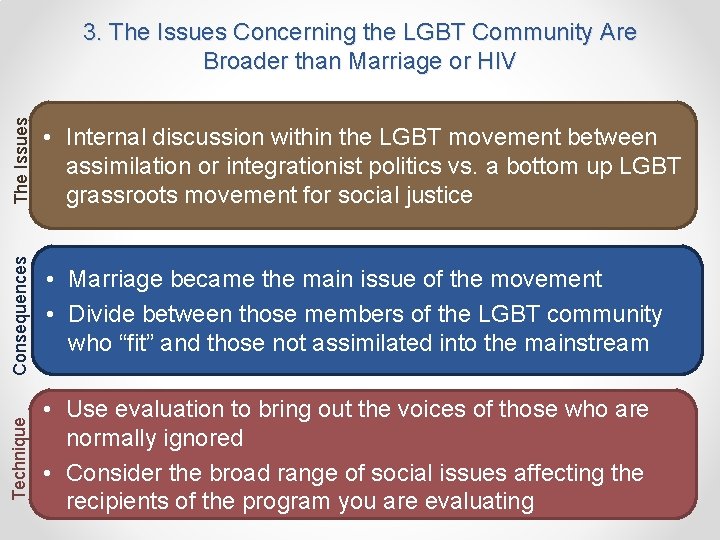 The Issues • Internal discussion within the LGBT movement between assimilation or integrationist politics