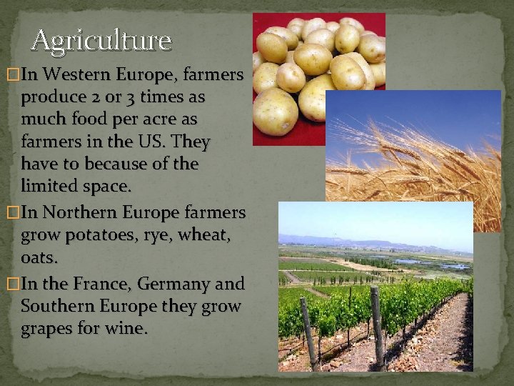 Agriculture �In Western Europe, farmers produce 2 or 3 times as much food per