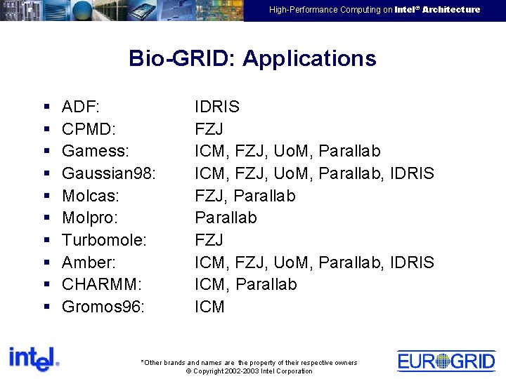 EMEA HPTC Virtual Team High-Performance Computing on Intel® Architecture Bio-GRID: Applications § § §