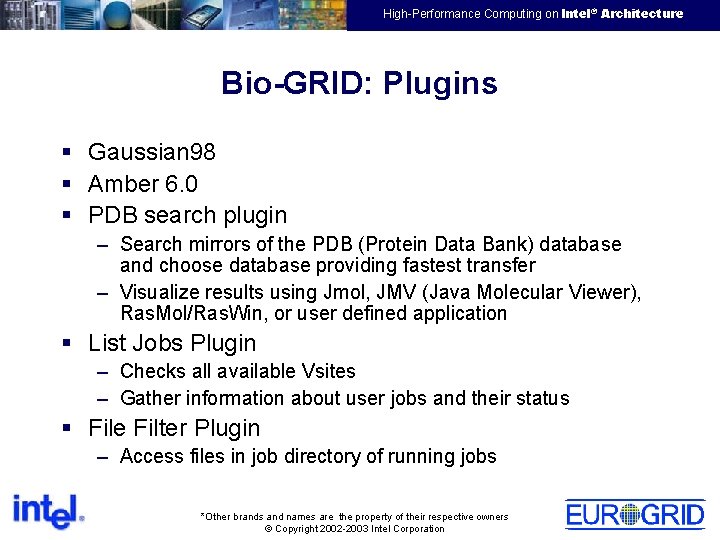 EMEA HPTC Virtual Team High-Performance Computing on Intel® Architecture Bio-GRID: Plugins § Gaussian 98