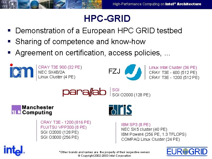 EMEA HPTC Virtual Team High-Performance Computing on Intel® Architecture HPC-GRID § Demonstration of a