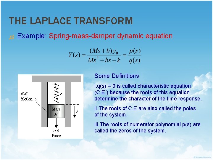 THE LAPLACE TRANSFORM Example: Spring-mass-damper dynamic equation Some Definitions i. q(s) = 0 is