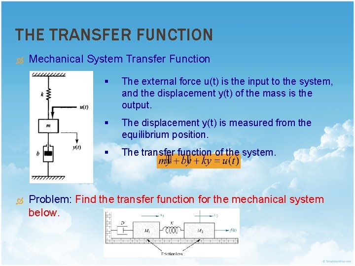 THE TRANSFER FUNCTION Mechanical System Transfer Function § The external force u(t) is the