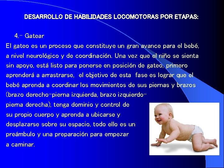 DESARROLLO DE HABILIDADES LOCOMOTORAS POR ETAPAS: 4. - Gatear El gateo es un proceso