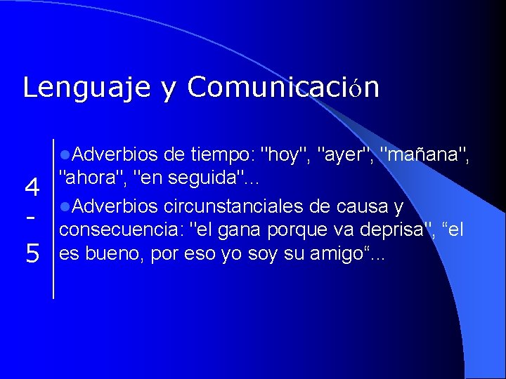 Lenguaje y Comunicación l. Adverbios de tiempo: "hoy", "ayer", "mañana", 4 5 "ahora", "en