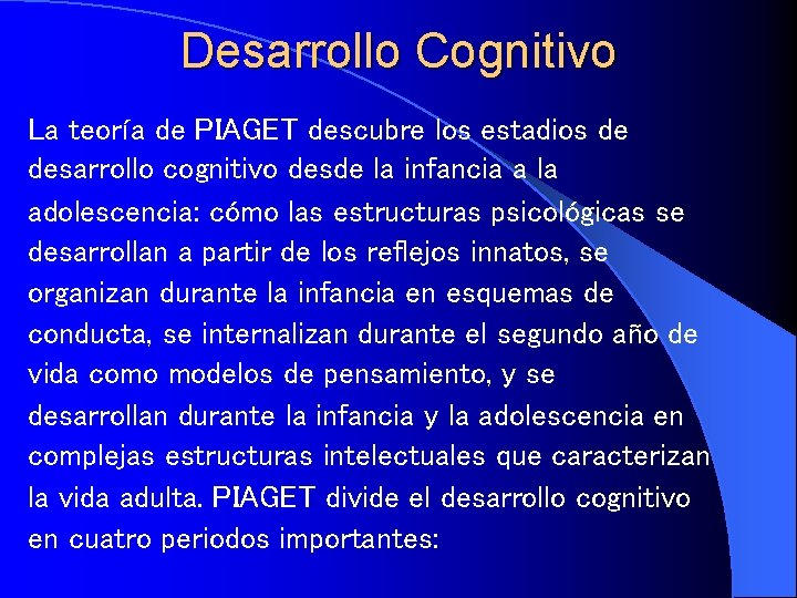 Desarrollo Cognitivo La teoría de PIAGET descubre los estadios de desarrollo cognitivo desde la