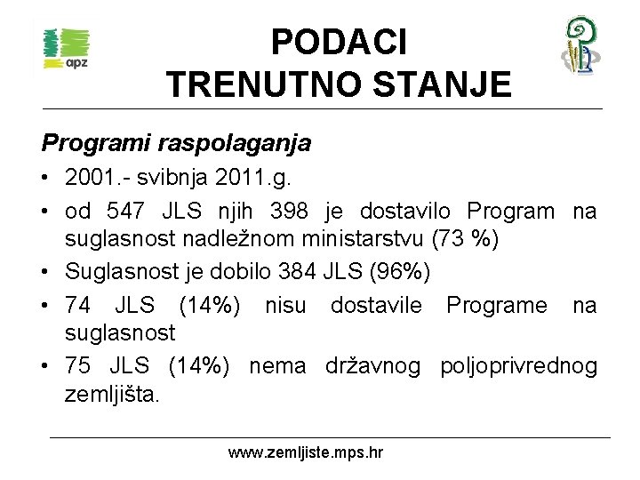 PODACI TRENUTNO STANJE Programi raspolaganja • 2001. - svibnja 2011. g. • od 547