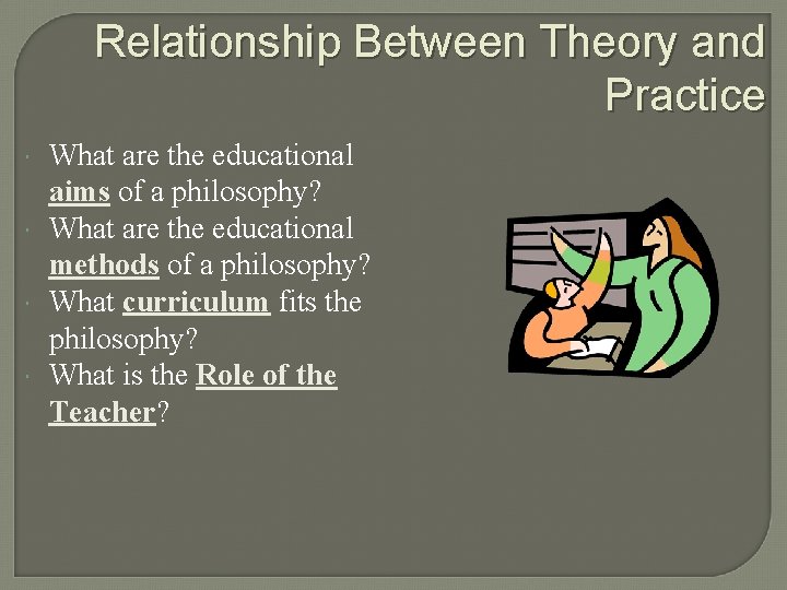 Relationship Between Theory and Practice What are the educational aims of a philosophy? What