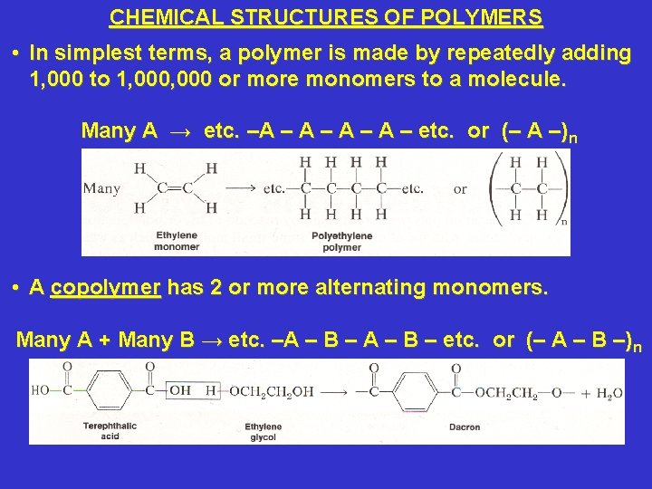 CHEMICAL STRUCTURES OF POLYMERS • In simplest terms, a polymer is made by repeatedly