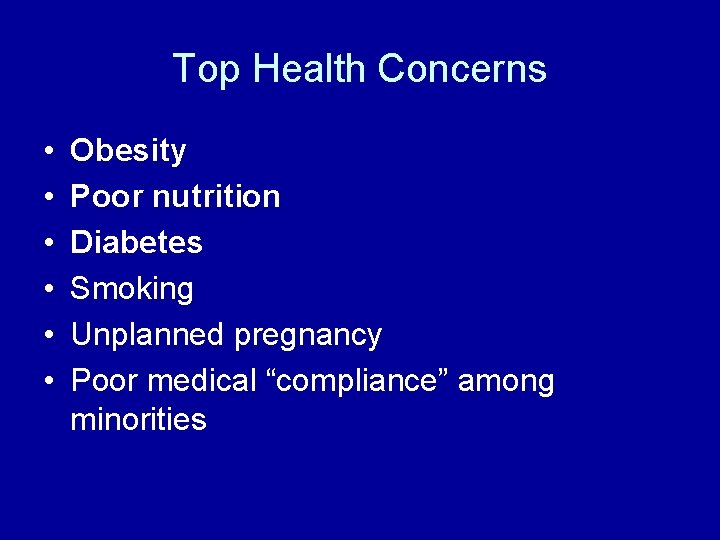 Top Health Concerns • • • Obesity Poor nutrition Diabetes Smoking Unplanned pregnancy Poor