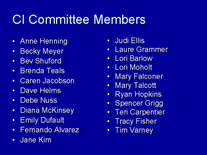 CI Committee Members • • • Anne Henning Becky Meyer Bev Shuford Brenda Teals