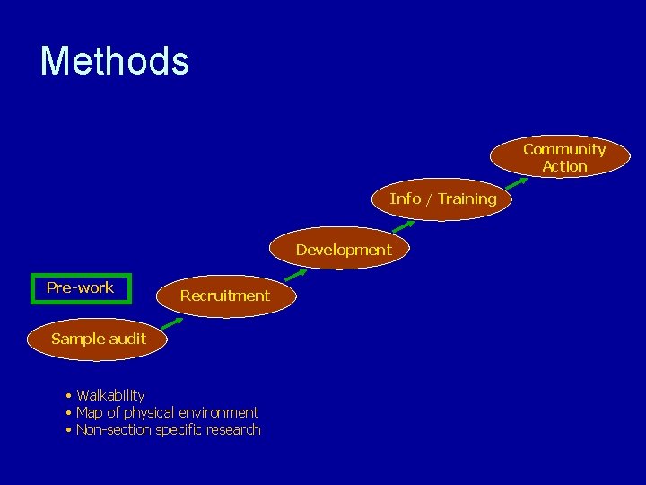 Methods Community Action Info / Training Development Pre-work Recruitment Sample audit • Walkability •