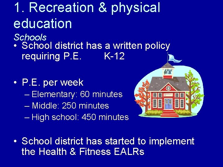 1. Recreation & physical education Schools • School district has a written policy requiring