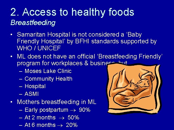2. Access to healthy foods Breastfeeding • Samaritan Hospital is not considered a ‘Baby