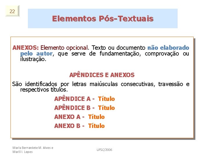 22 Elementos Pós-Textuais ANEXOS: Elemento opcional. Texto ou documento não elaborado pelo autor, autor