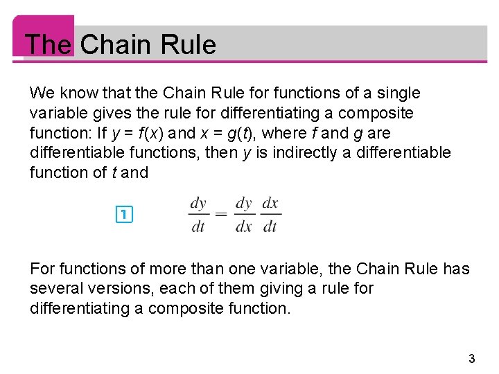 The Chain Rule We know that the Chain Rule for functions of a single