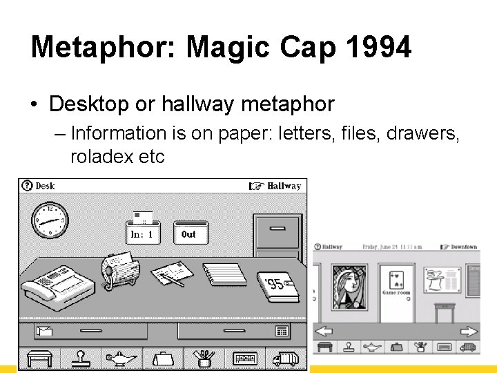 Metaphor: Magic Cap 1994 • Desktop or hallway metaphor – Information is on paper: