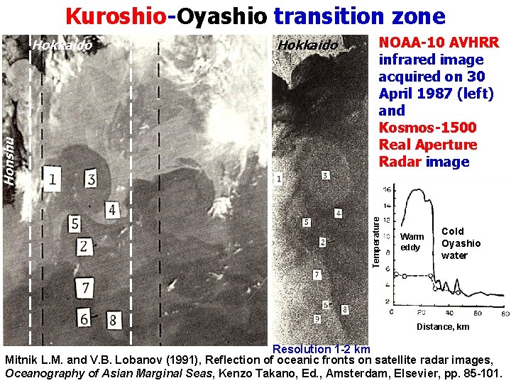 Kuroshio-Oyashio transition zone Hokkaido NOAA-10 AVHRR infrared image acquired on 30 April 1987 (left)