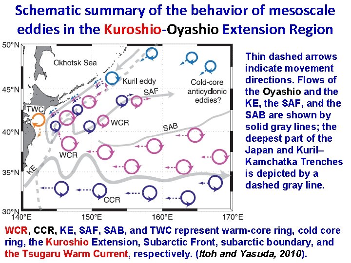 Schematic summary of the behavior of mesoscale eddies in the Kuroshio-Oyashio Extension Region Thin