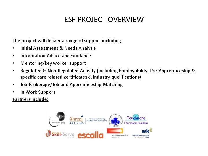 ESF PROJECT OVERVIEW The project will deliver a range of support including: • Initial