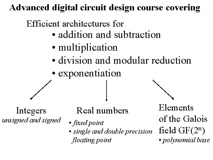 Advanced digital circuit design course covering Efficient architectures for • addition and subtraction •