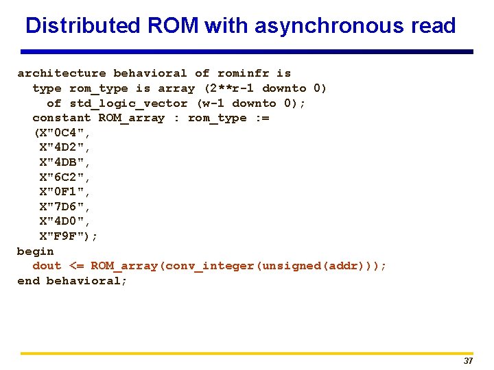 Distributed ROM with asynchronous read architecture behavioral of rominfr is type rom_type is array