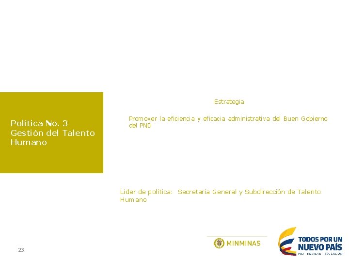 Estrategia Política No. 3 Gestión del Talento Humano Promover la eficiencia y eficacia administrativa