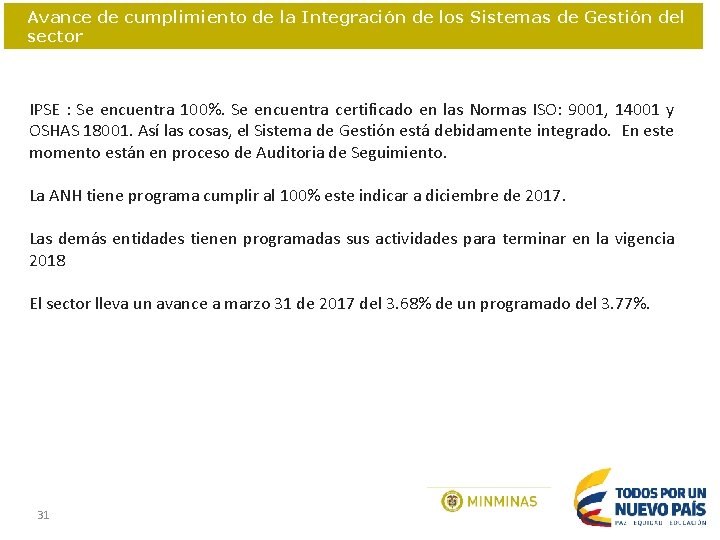 Avance de cumplimiento de la Integración de los Sistemas de Gestión del sector IPSE