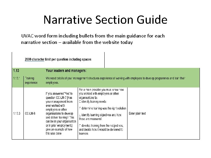 Narrative Section Guide UVAC word form including bullets from the main guidance for each Narrative Section Guide UVAC word form including bullets from the main guidance for each