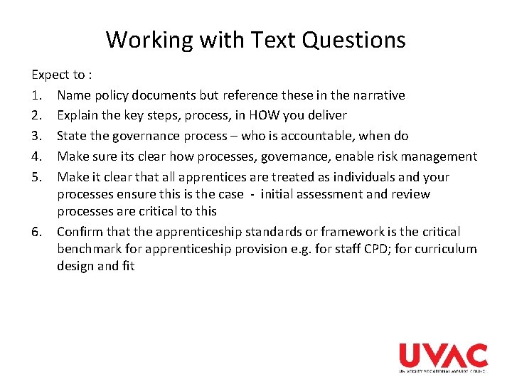 Working with Text Questions Expect to : 1. Name policy documents but reference these Working with Text Questions Expect to : 1. Name policy documents but reference these