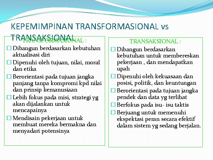 KEPEMIMPINAN TRANSFORMASIONAL vs TRANSAKSIONAL TRANSFORMASIONAL : TRANSAKSIONAL : � Dibangun berdasarkan kebutuhan aktualisasi diri KEPEMIMPINAN TRANSFORMASIONAL vs TRANSAKSIONAL TRANSFORMASIONAL : TRANSAKSIONAL : � Dibangun berdasarkan kebutuhan aktualisasi diri
