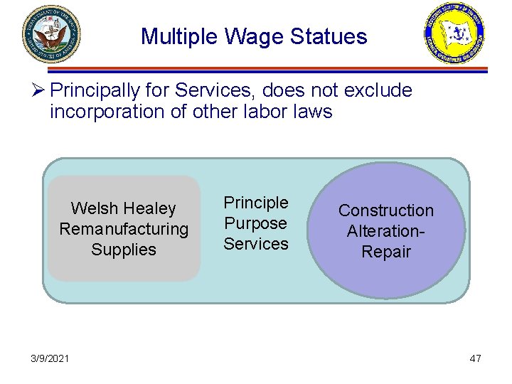 Multiple Wage Statues Ø Principally for Services, does not exclude incorporation of other labor