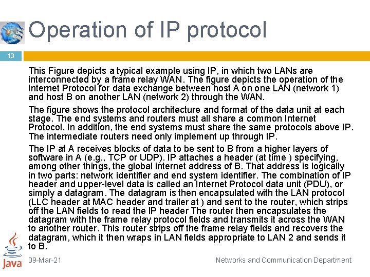 Operation of IP protocol 13 This Figure depicts a typical example using IP, in