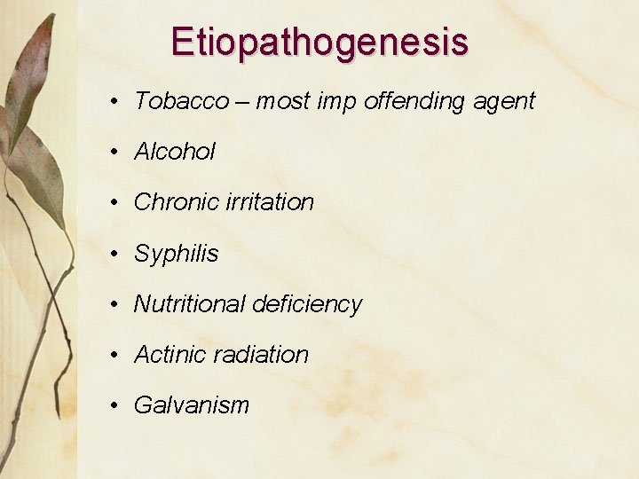 Etiopathogenesis • Tobacco – most imp offending agent • Alcohol • Chronic irritation •