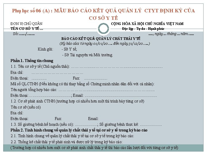 Phụ lục số 06 (A) : MẪU BÁO CÁO KẾT QUẢN LÝ CTYT ĐỊNH