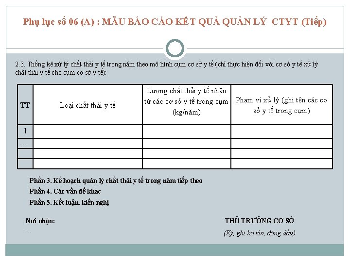 Phụ lục số 06 (A) : MẪU BÁO CÁO KẾT QUẢN LÝ CTYT (Tiếp)