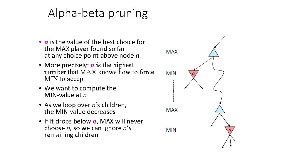 Alpha-beta pruning • α is the value of the best choice for the MAX