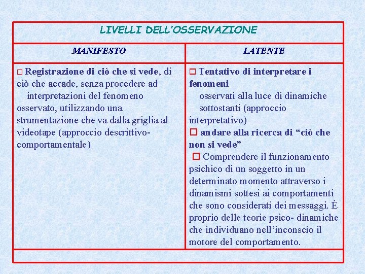 LIVELLI DELL’OSSERVAZIONE MANIFESTO Registrazione di ciò che si vede, di ciò che accade, senza