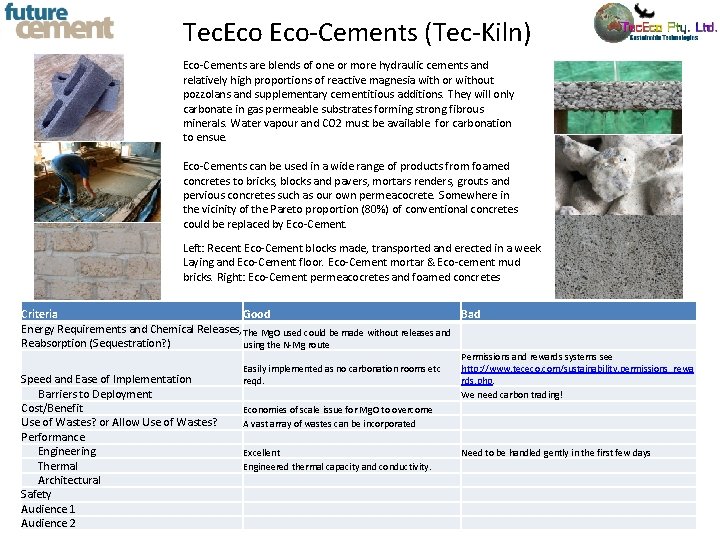 Tec. Eco-Cements (Tec-Kiln) Eco-Cements are blends of one or more hydraulic cements and relatively