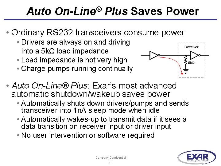 Auto On-Line® Plus Saves Power • Ordinary RS 232 transceivers consume power • Drivers